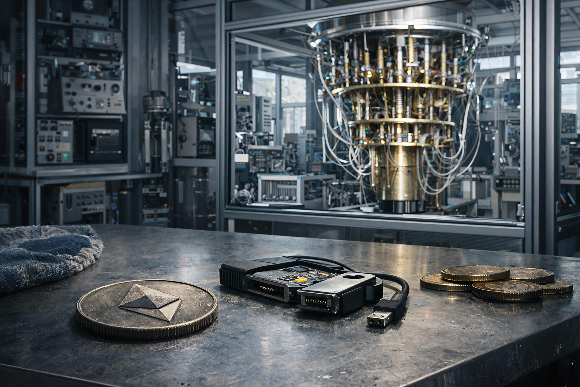 Ethereum hardware wallet and coins in a lab setting, symbolizing the migration battle over wallets, bridges and dormant assets amid quantum risks